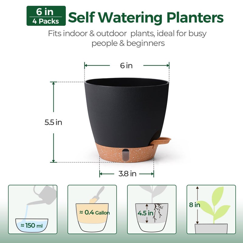 T4U 6 Inch Self Watering Pots for Indoor Plants - Mess-Free Bottom Watering Planter for Herbs/Pothos/Succulent Plants, Indoor Outdoor Use (Black, 4 Pack) - Image 3