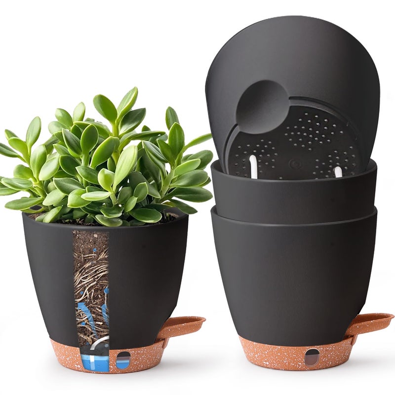 T4U 6 Inch Self Watering Pots for Indoor Plants - Mess-Free Bottom Watering Planter for Herbs/Pothos/Succulent Plants, Indoor Outdoor Use (Black, 4 Pack) - Image 1