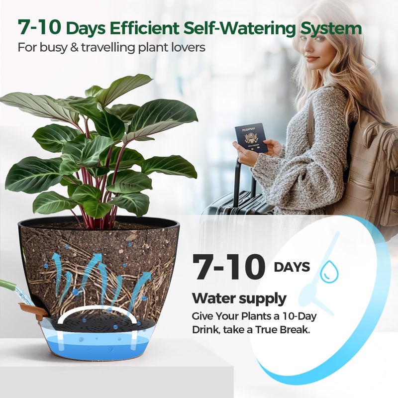 T4U 6 Inch Self Watering Pots for Indoor Plants - Mess-Free Bottom Watering Planter for Herbs/Pothos/Succulent Plants, Indoor Outdoor Use (Black, 4 Pack) - Image 4