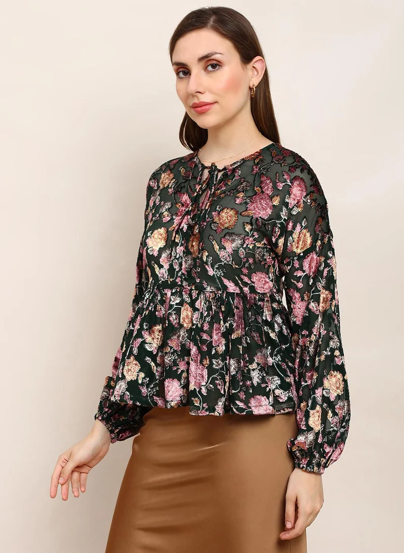 globus Globus Women Green Floral Self Design Tie-Up Neck Bishop Sleeves Peplum Party Top