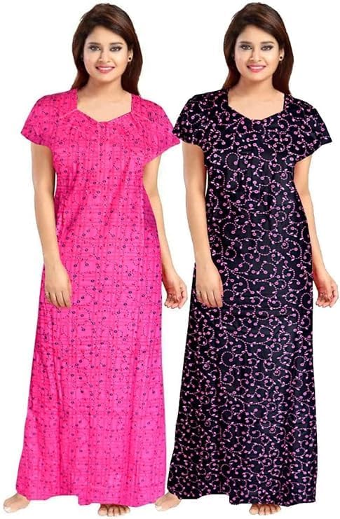 Vlazom Women’s Cotton Printed Maxi Nighty – Ankle Length Night Dress Gown, Pack of 2, Free Size – Soft & Breathable Sleepwear (Rani&BlueRani, Free Size) - Image 5