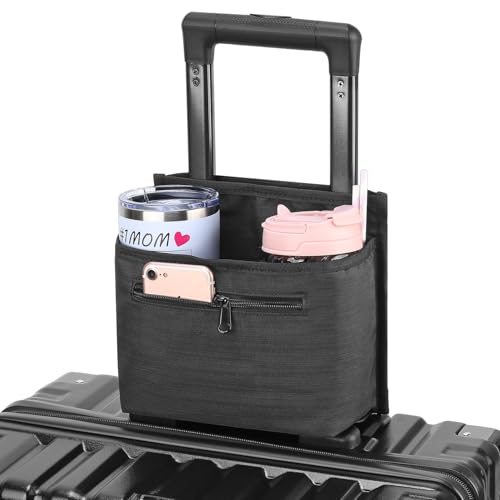 ZHCHG Luggage Travel Cup Holder Attachment for Suitcase Drink Carrier Caddy, Coffee Mug and Tumblers, Traveler Carry on Hands Free Accessory- Gifts for Flight Attendants Travelers Accessories- Black - Image 1