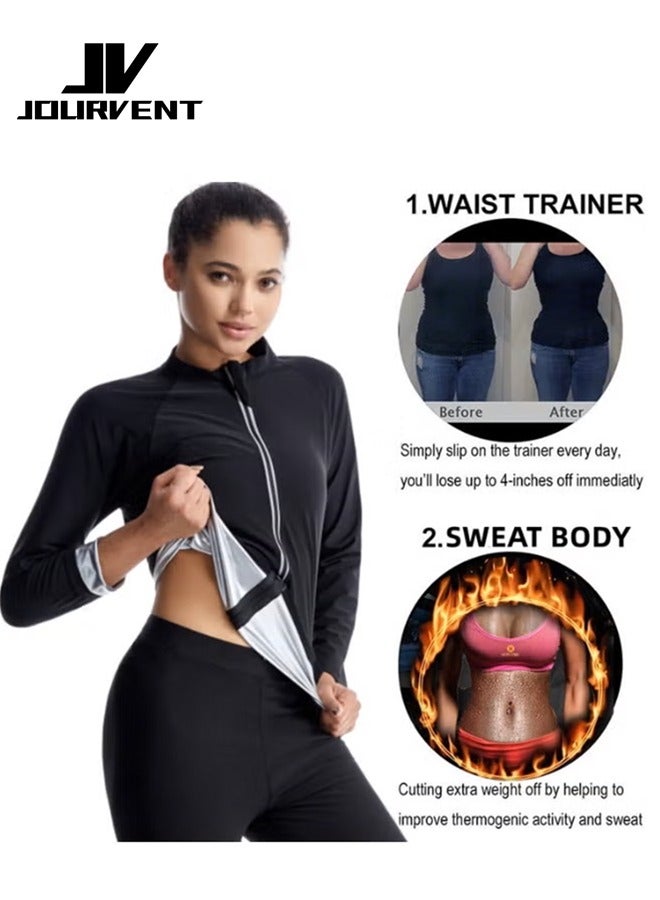 Jourvent Women’s Sauna Sweat Suit 2-Piece Set Jacket and Pants Premium Fabric for Enhanced Sweating and Body Shaping Fitness Workout Daily Wear - Image 2