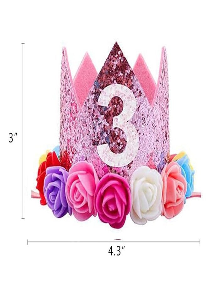 ipalmay Baby Princess Glitter Pink Crown, 3st Birthday Party Hat Pink with Mix Rainbow Color Flowers - Image 2