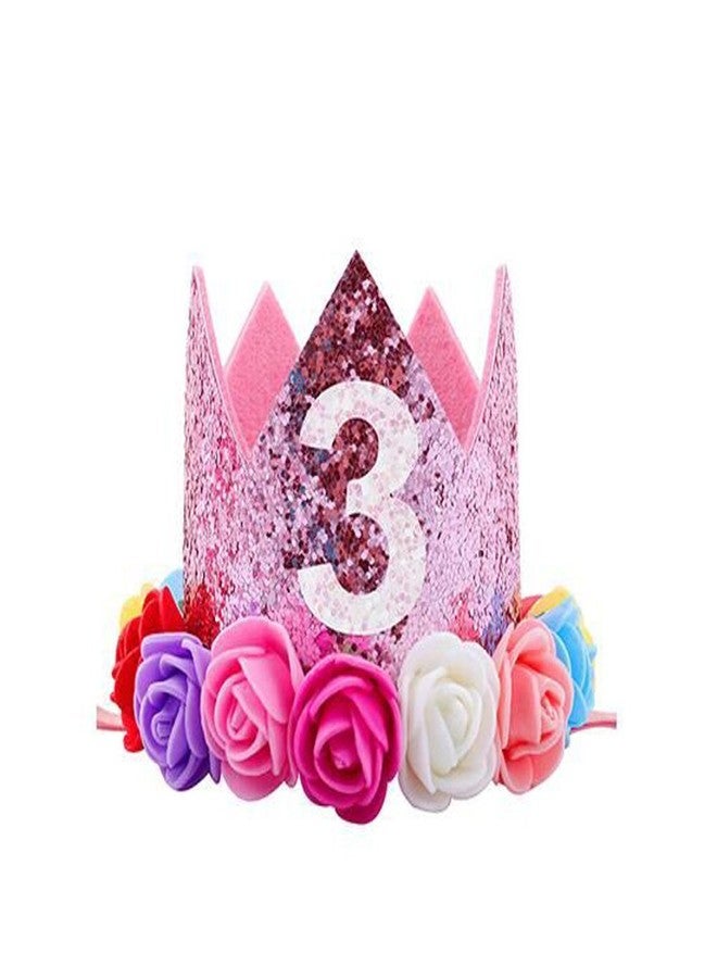 ipalmay Baby Princess Glitter Pink Crown, 3st Birthday Party Hat Pink with Mix Rainbow Color Flowers - Image 1