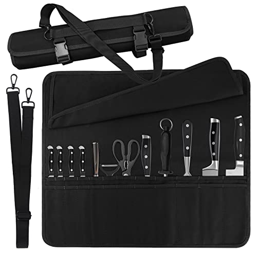 QIQU Chef Knife Bag With 24 Slots Cutlery Knives Holders Protectors, Kitchen Travel Cooking Tools, Portable Canvas Knife Roll Storage Bag Chef Case for Camping or Working with an Adjustable Shoulder Strap - Image 1