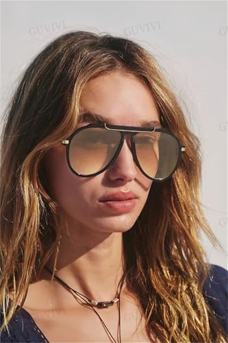 GUVIVI Oversized Aviator Sunglasses for Women Men 2026 70s Retro Gold Metal Sun Glasses Tangle Free Square Aviators - Image 2