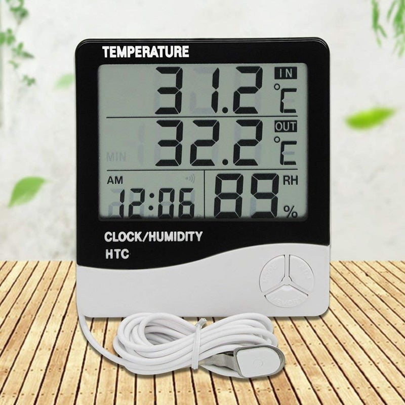 Inditradition Plastic Indoor Outdoor Temperature Humidity Hygrometer Temperature Humidity Calendar Clock Alarm Tabletop Or Wall Mount White Pack of 1 - Image 2