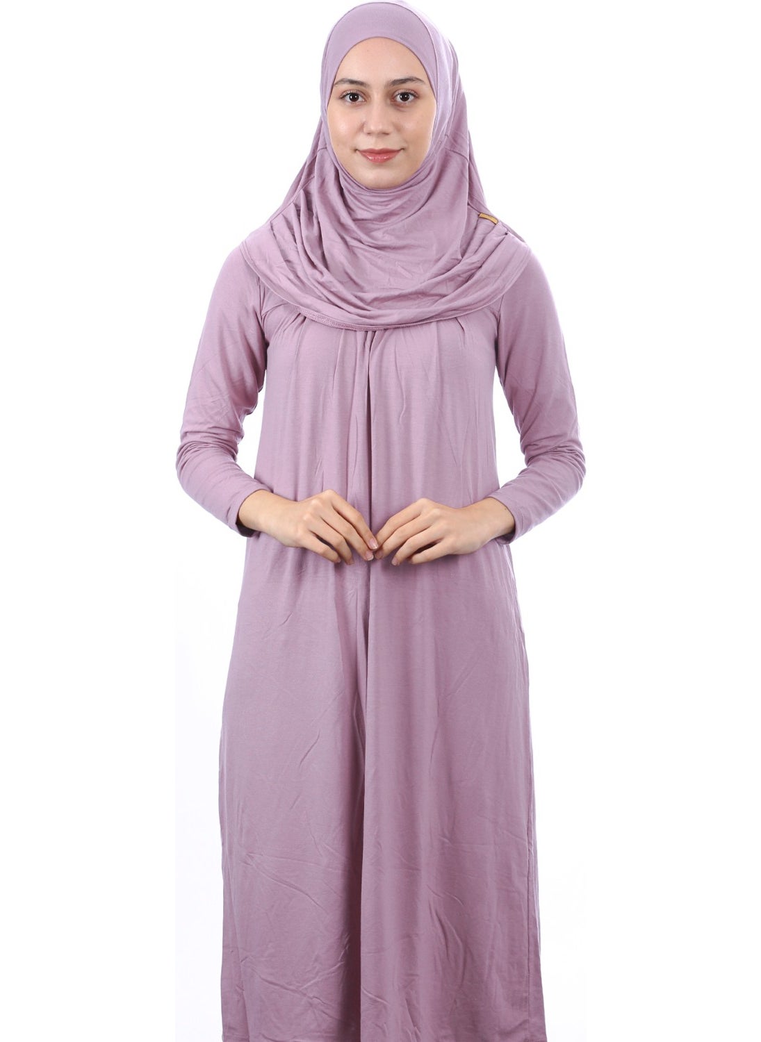 İhvan Online Waiter Size 12-15 Years Old Dusty Rose One Piece Women's Prayer Dress with Headscarf  - Image 1