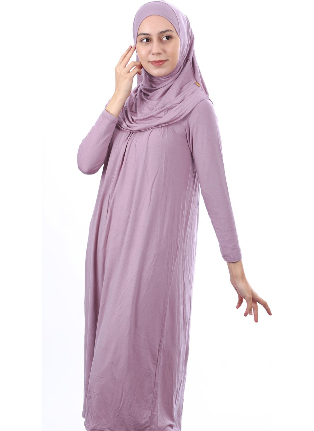 İhvan Online Waiter Size 12-15 Years Old Dusty Rose One Piece Women's Prayer Dress with Headscarf  - Image 2