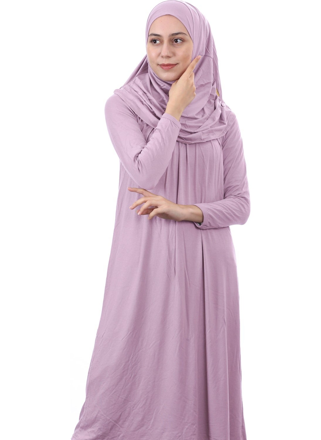 İhvan Online Waiter Size 12-15 Years Old Dusty Rose One Piece Women's Prayer Dress with Headscarf  - Image 3