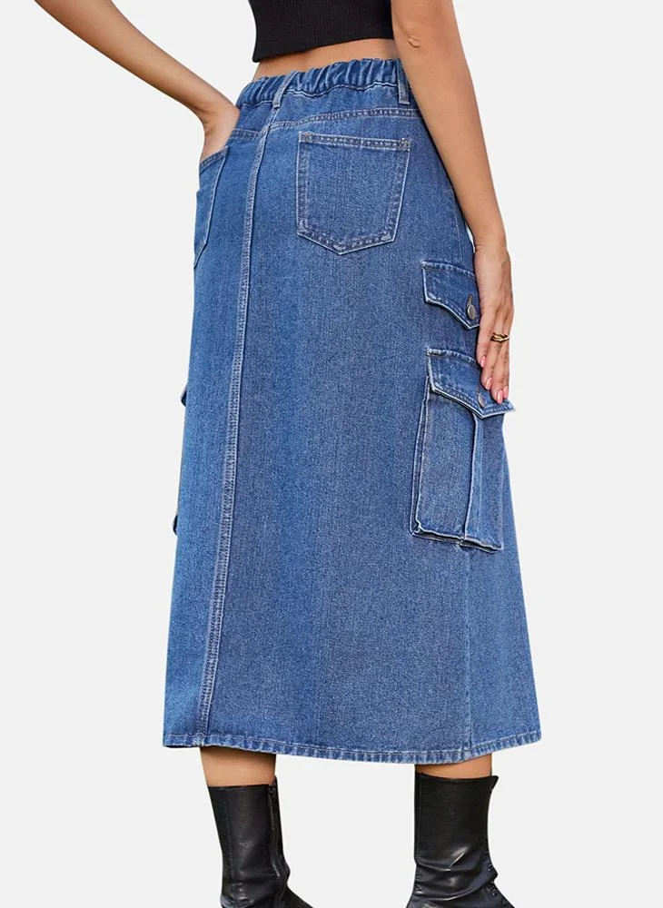 يونيكي Blue Mid Rise Plain Midi Skirt