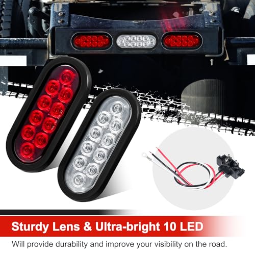 PVerandio 6Pcs 6 Inch Oval LED Trailer Lights Red and White 10 LED Tail Lights for Trucks RV Jeep 6” Oval LED Stop/Turn/Tail Lights w/ 3-pin Water Tight Plug & Flush Mount Grommets Sealed 12V - Image 3