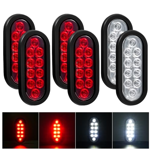 PVerandio 6Pcs 6 Inch Oval LED Trailer Lights Red and White 10 LED Tail Lights for Trucks RV Jeep 6” Oval LED Stop/Turn/Tail Lights w/ 3-pin Water Tight Plug & Flush Mount Grommets Sealed 12V - Image 1