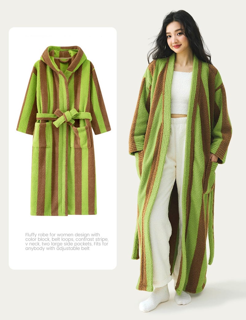 Yimoon Womens Fluffy Fuzzy Hooded Robe Striped Plush Long Bathrobes Thick Warm Soft House Coat Loungewear(Green-L) - Image 5