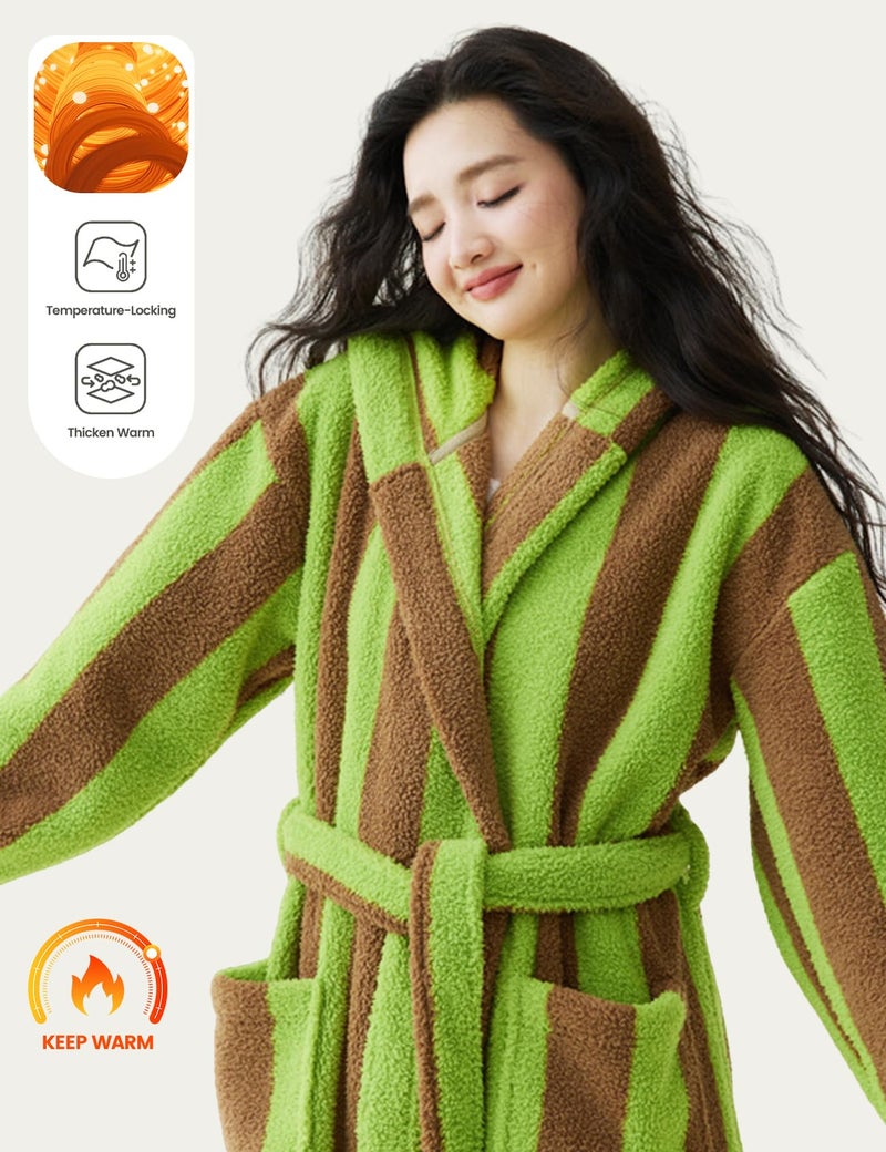 Yimoon Womens Fluffy Fuzzy Hooded Robe Striped Plush Long Bathrobes Thick Warm Soft House Coat Loungewear(Green-L) - Image 2