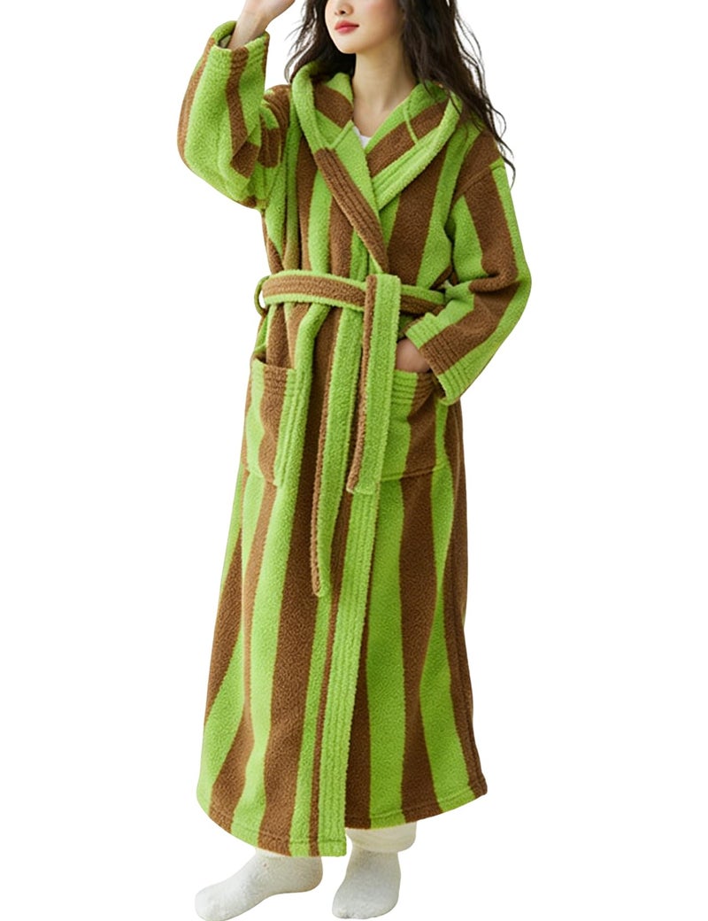 Yimoon Womens Fluffy Fuzzy Hooded Robe Striped Plush Long Bathrobes Thick Warm Soft House Coat Loungewear(Green-L) - Image 1
