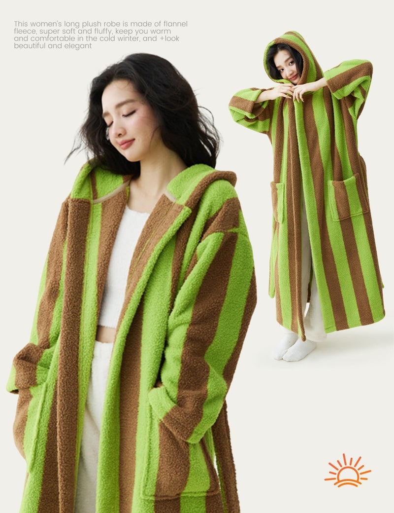 Yimoon Womens Fluffy Fuzzy Hooded Robe Striped Plush Long Bathrobes Thick Warm Soft House Coat Loungewear(Green-L) - Image 4