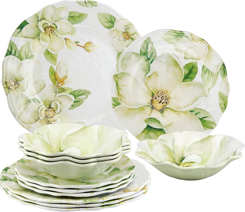 UP طقم أدوات المائدة من UPware مكون من 12 قطعة من الميلامين بتصميم ماغنوليا للخارج، مجموعة أطباق وأوعية لخدمة 4 أشخاص باللون الأخضر - Image 1