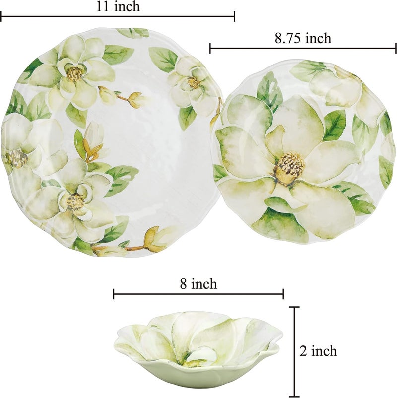 UP طقم أدوات المائدة من UPware مكون من 12 قطعة من الميلامين بتصميم ماغنوليا للخارج، مجموعة أطباق وأوعية لخدمة 4 أشخاص باللون الأخضر - Image 2