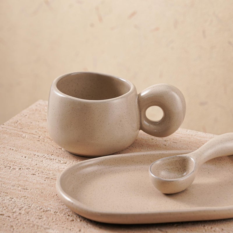 Uaral Ceramic Coffee Mugs SetCups Set with Saucer and Spoon for CoffeeTea BreakLatte Breakfast10oz Coffee Mug8inch Ceramic Serving Tray and Spoon3 PieceMatte Cream - Image 2