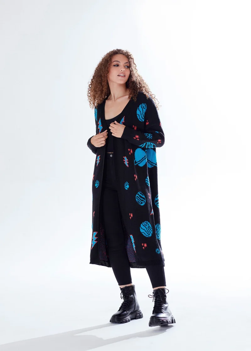 Liquorish Cosmic Pattern Cardigan In Black