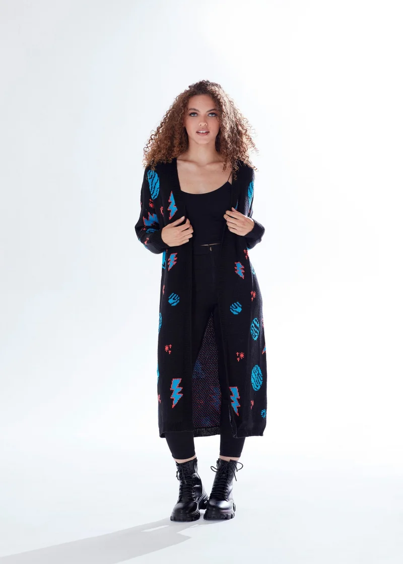 Liquorish Cosmic Pattern Cardigan In Black