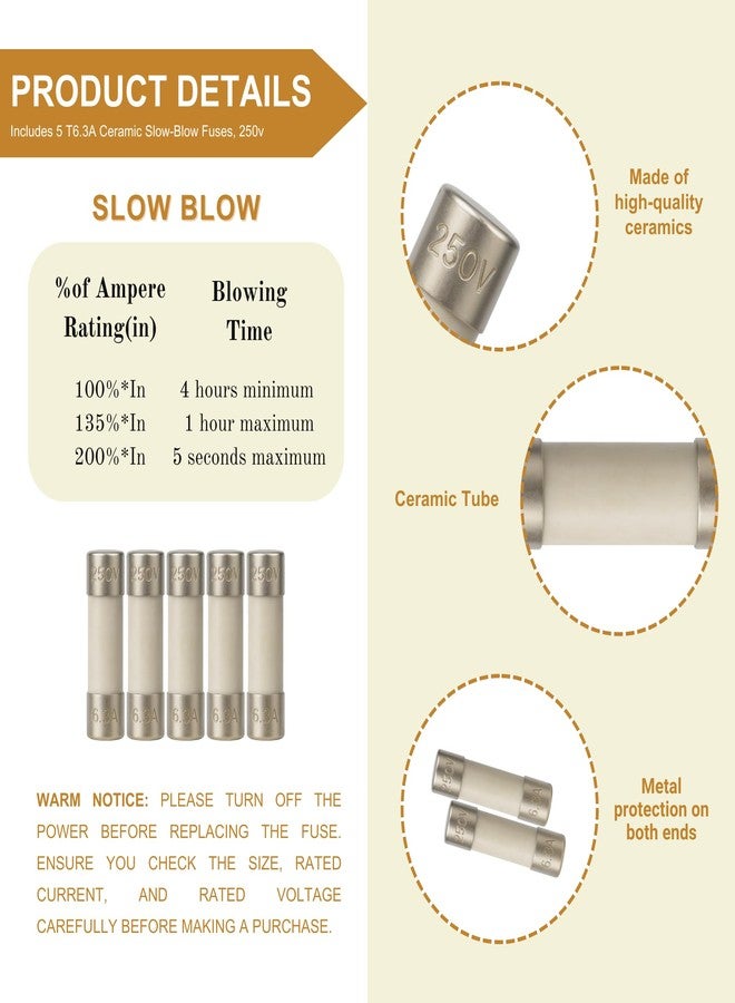 Femitu T6.3A Ceramic Fuse, 5x20mm/0.2x0.79inch 6.3A 250V Slow-Blow Time Delay Fuses - Durable Circuit Protection for Electronics, Appliances, and Power Supplies (Pack of 5) - Image 4