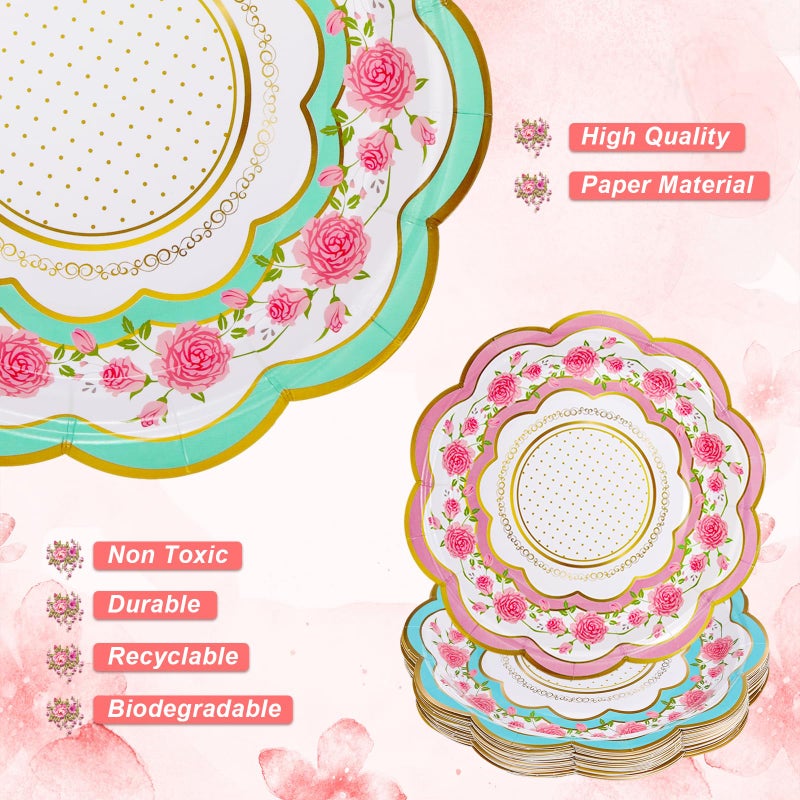 FillTouch 200 Pcs Floral Paper Tea Cups and Saucers Set  Severs 100 Disposable Paper Tea Party Supplies 9 oz with Handle and Saucer for Birthday Wedding Party Decorations - Image 5