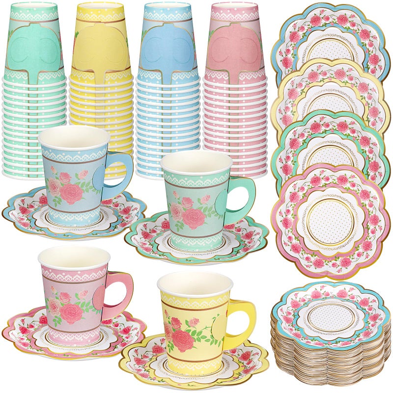 FillTouch 200 Pcs Floral Paper Tea Cups and Saucers Set  Severs 100 Disposable Paper Tea Party Supplies 9 oz with Handle and Saucer for Birthday Wedding Party Decorations - Image 1