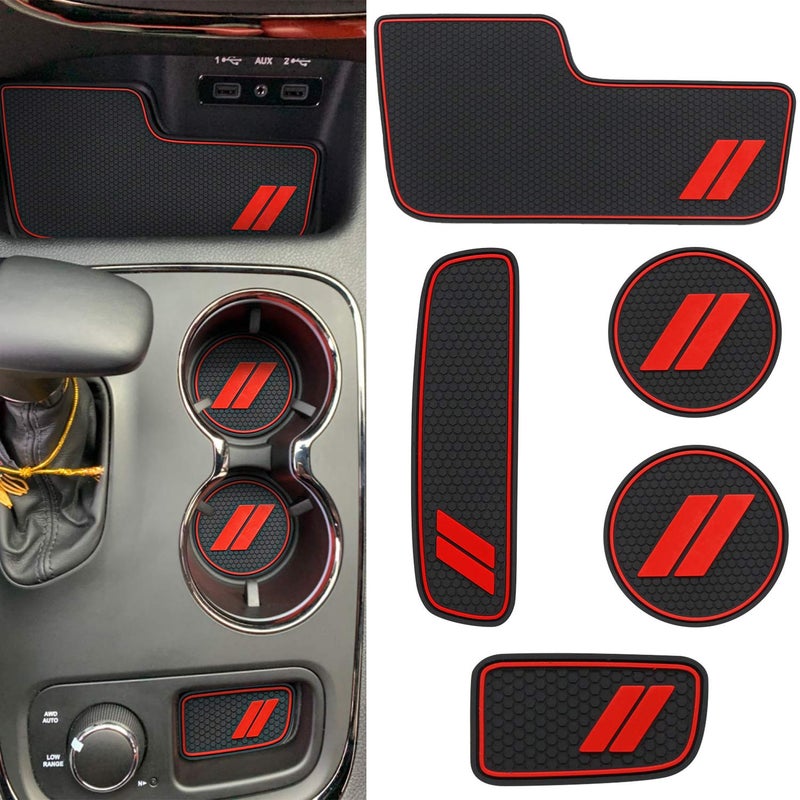 REMOCH Center Console Mats for Durango Accessories 2014 2015 2016 2017 2018 2019 2020, Custom Cup Holder Insert Coasters Custom Fit Cup Liners Pads Interior Decoration (5-pc Set, Red Trim)