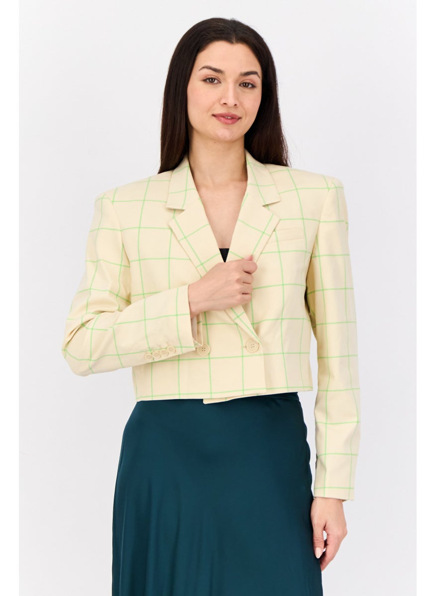 ESPRIT - Women Regular Fit Plaid Crop Semi Formal Blazer, Cream - Image 1