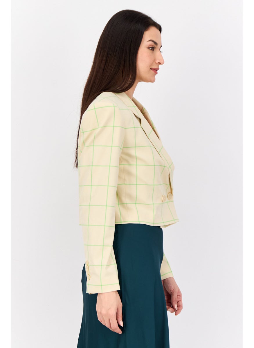 ESPRIT - Women Regular Fit Plaid Crop Semi Formal Blazer, Cream - Image 1