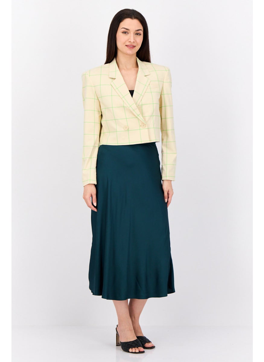 ESPRIT - Women Regular Fit Plaid Crop Semi Formal Blazer, Cream - Image 1