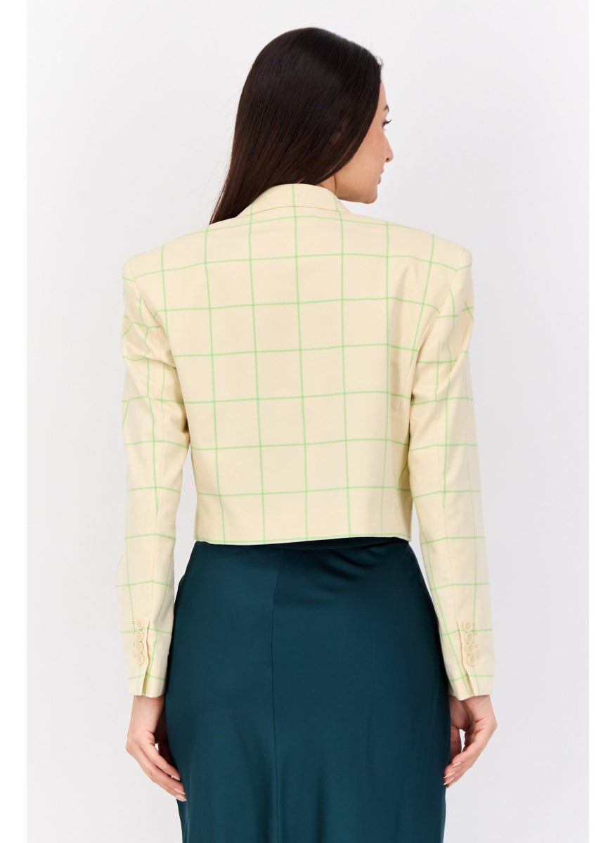 ESPRIT - Women Regular Fit Plaid Crop Semi Formal Blazer, Cream - Image 1