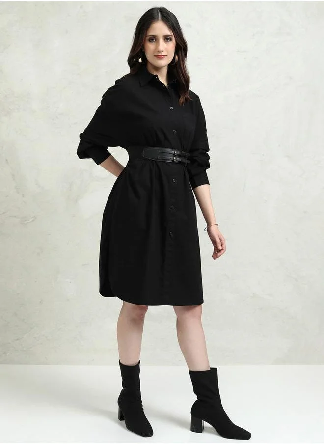 Tokyo Talkies Belted Black Shirt Dress