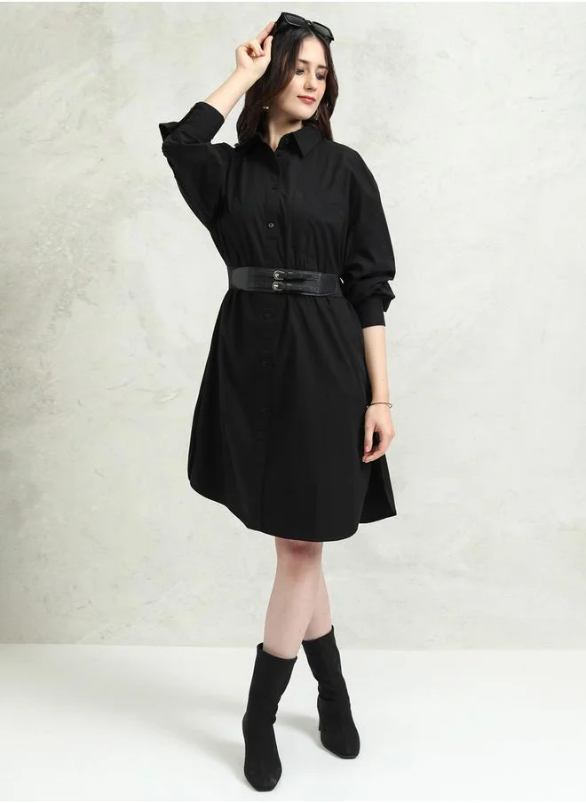 طوكيو توكيز Solid Collared Shirt Dress with Pocket Detail