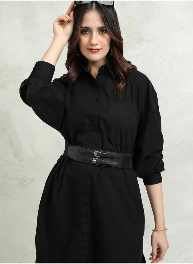 طوكيو توكيز Solid Collared Shirt Dress with Pocket Detail