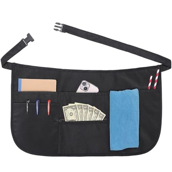 Noverlife 6 Pockets Server Apron with Buckle, Waterproof Serving Aprons for Waitresses Adjustable Belt Waist Apron with Zipper, Unisex Work Aprons 12 Inch Waiters Half Apron Waitress Apron for Women