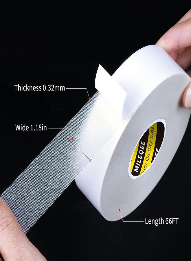 MILEQEE Double Sided Tape High Tack, 1.18in x 66FT(20m), Universal Mounting Tape Clear, Heavy Duty Strong Wall Adhesive with Fiberglass Mesh, Easy Use Super Sticky Resistant Tape, White - Image 2