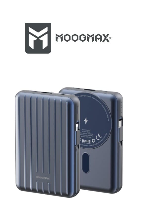 MOOG MAX POWER BANK 20000 WIRELESS PD PORT - USB PORT SUPPORTS FAST CHARGING
LC PORT, REVERSE CHARGING FROM IPHONE TO TYPE C, WIRELESS CHARGING
CONNECTED TYPE C CABLE - IPHONE CONNECTED CABLE, BLUE COLOR  - Image 1
