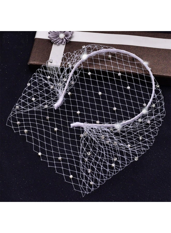 Diamond-studded pearl tiara headband with openwork veil Ballroom party bridal veil hair accessory - Image 3