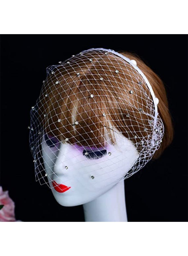 Diamond-studded pearl tiara headband with openwork veil Ballroom party bridal veil hair accessory - Image 4