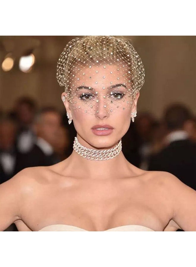 Diamond-studded pearl tiara headband with openwork veil Ballroom party bridal veil hair accessory - Image 5