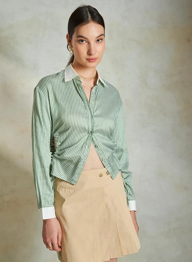 VIRGIO 100% Cotton Green Ruched Stripe Shirt