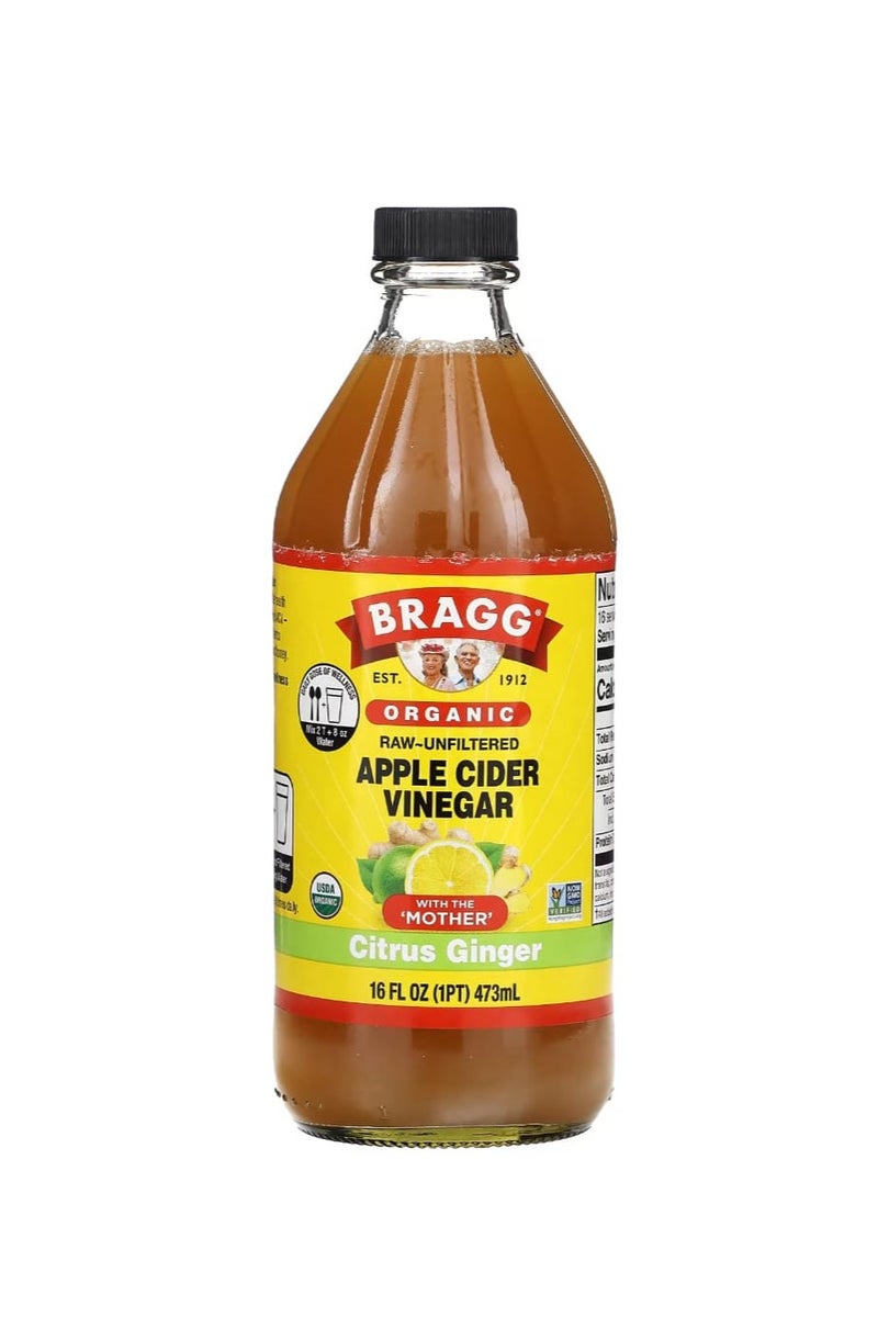 Bragg Organic Apple Cider Vinegar "The Original Vinegar" Organic Ginger Flavor 16 fl oz (473 ml) - Image 1