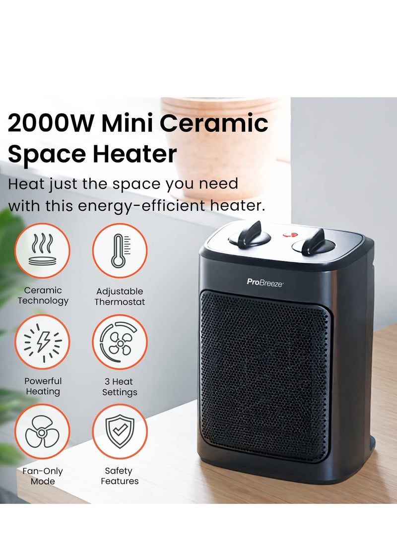 برو_بريز دفاية كهربائية سيراميك صغيرة بقوة 2000 وات، 3 إعدادات للحرارة ووضع المروحة فقط مع حماية مدمجة من الحرارة الزائدة والانقلاب، سخان كهربائي للمنزل والمكتب وغرفة النوم - Image 3