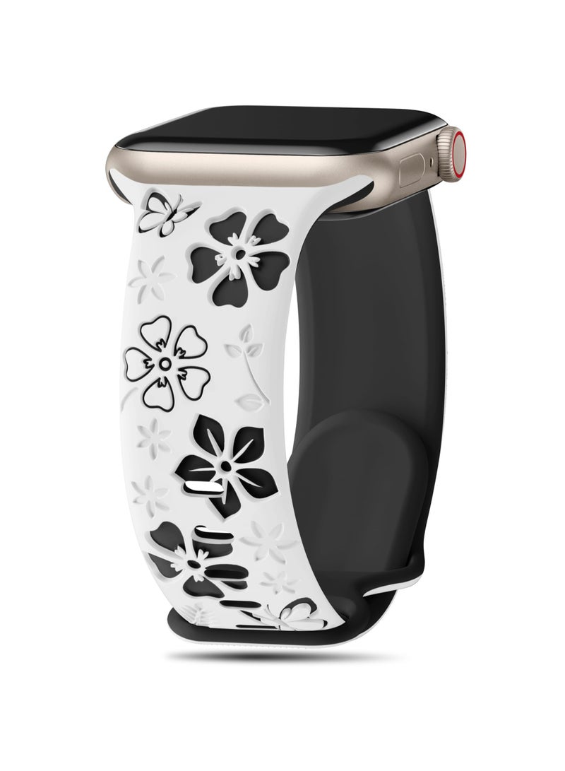 OLYSON Floral Engraved Band Compatible with Apple Watch for Women 42mm 44mm 45mm 46mm 49mm, Soft Silicone Two-Tone Flower Sport Strap for Apple Watch Series 11 10 9 8 7 6 5 4 3 2 1 SE Ultra - Image 1
