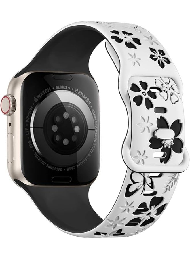 OLYSON Floral Engraved Band Compatible with Apple Watch for Women 42mm 44mm 45mm 46mm 49mm, Soft Silicone Two-Tone Flower Sport Strap for Apple Watch Series 11 10 9 8 7 6 5 4 3 2 1 SE Ultra - Image 2