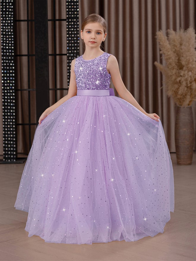 Take Two Girls Sequin Bow Detail Mesh Maxi Party Dress - Image 1